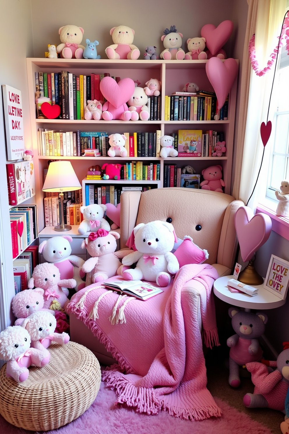 A cozy reading nook filled with whimsical stuffed animals in soft pastel colors. The nook features a plush armchair surrounded by shelves filled with colorful books and a small side table with a heart-shaped lamp. For Valentine's Day, the nook is adorned with heart-themed decorations and soft pink and red accents. A cozy throw blanket drapes over the armchair, creating a warm and inviting atmosphere perfect for snuggling up with a good book.