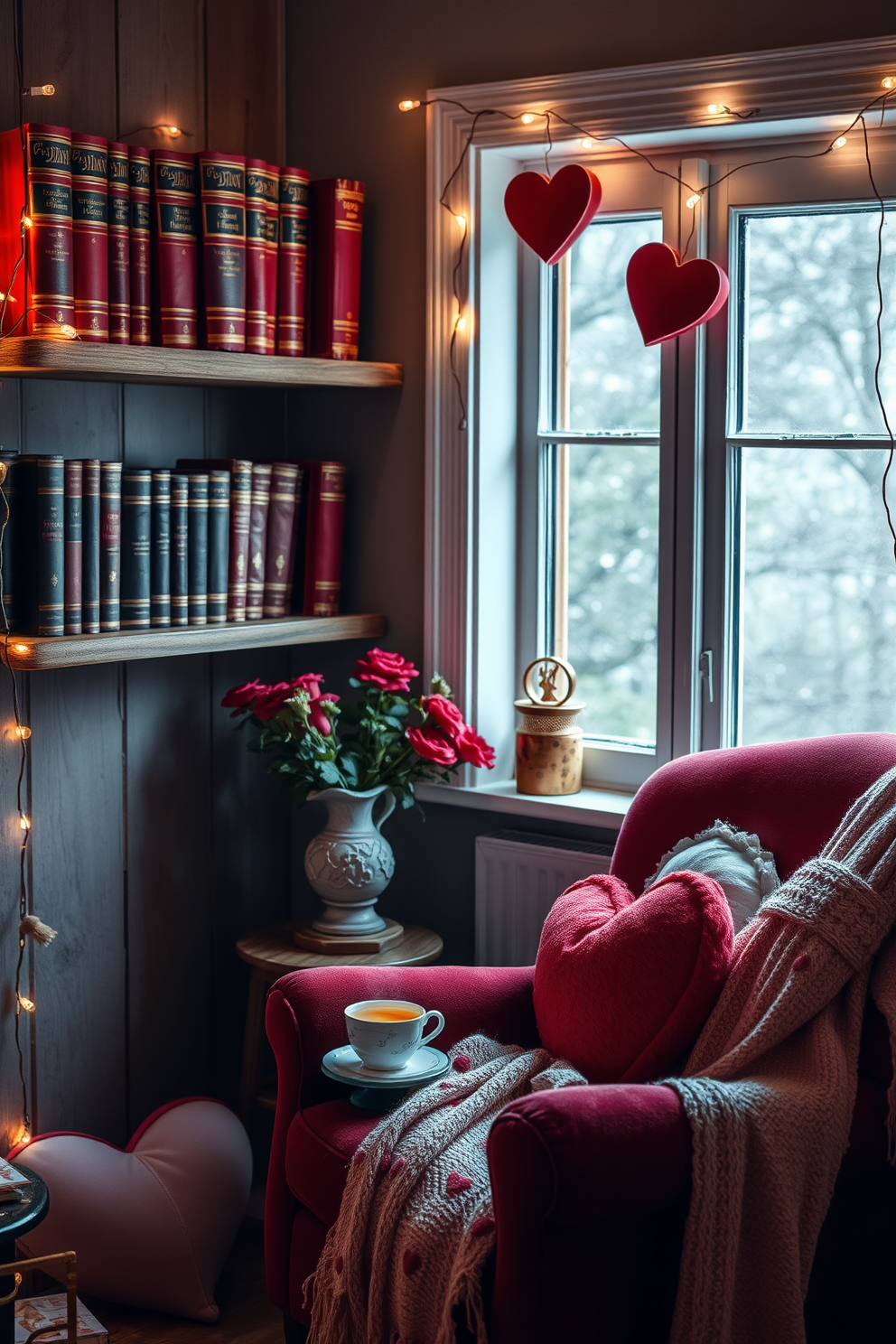 A cozy reading nook adorned with vintage books featuring red covers neatly arranged on a rustic wooden shelf. A plush armchair in a rich burgundy hue is positioned next to a small side table holding a steaming cup of tea, creating an inviting atmosphere for relaxation. For Valentine's Day, soft fairy lights are draped around the window, casting a warm glow over the space. Heart-shaped cushions and a delicate throw blanket in shades of pink and red add a romantic touch to the reading nook.