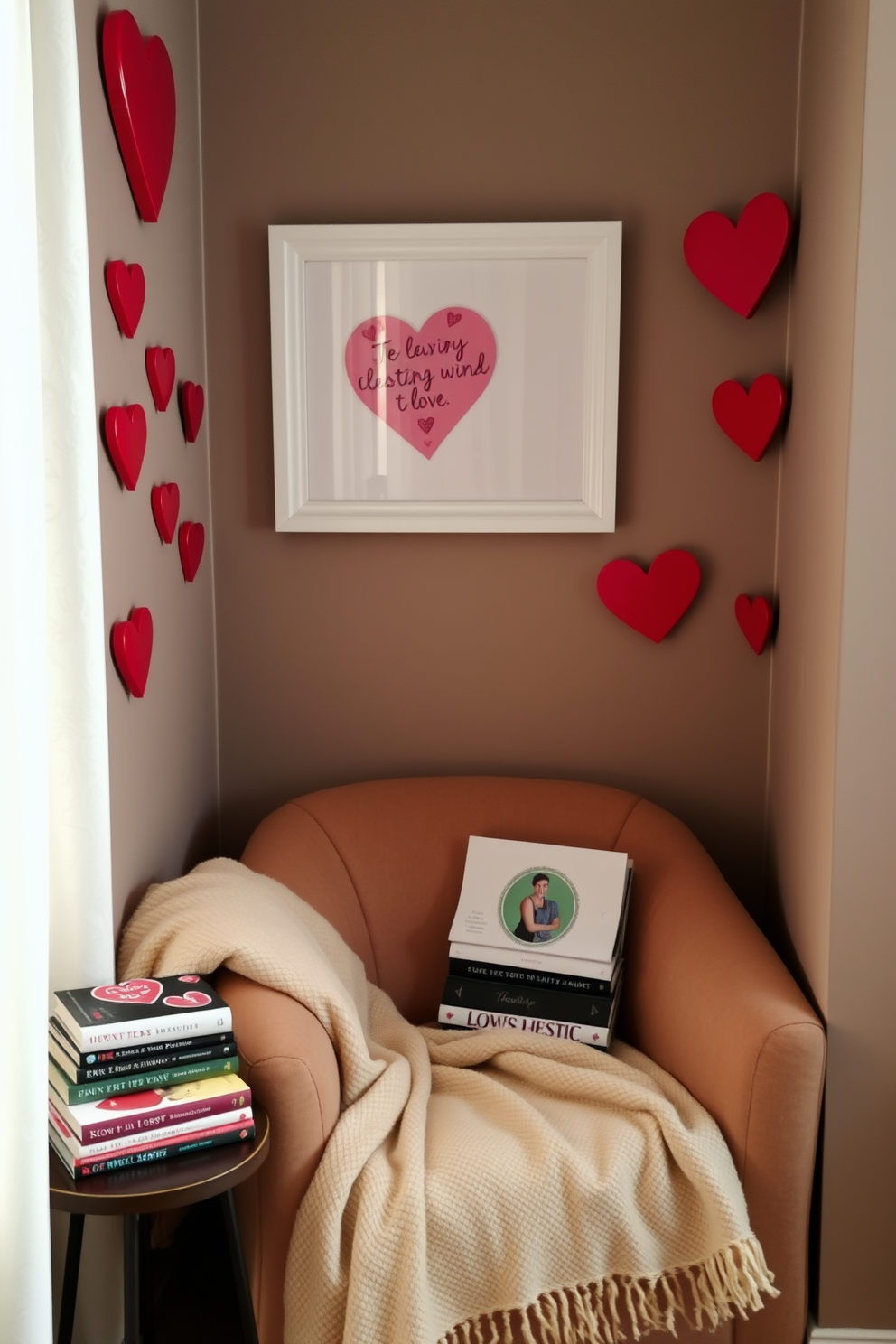 A cozy reading nook adorned with heart-shaped wall art creates a warm and inviting atmosphere. The space features a plush armchair draped with a soft throw blanket, complemented by a small side table holding a stack of love-themed books.