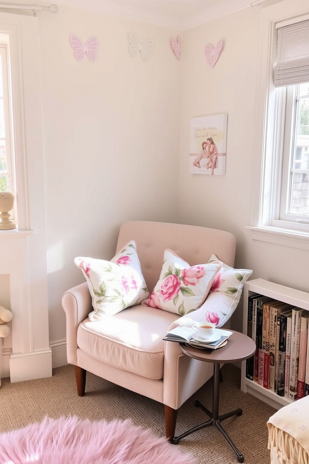 A cozy reading nook adorned with floral throw pillows in pastel tones creates a serene atmosphere. The nook features a plush armchair positioned next to a small side table, perfect for holding a cup of tea and a favorite book. Soft natural light filters through a nearby window, illuminating the space and enhancing the pastel colors of the pillows. A small bookshelf filled with romantic novels completes the inviting setup, making it an ideal spot for Valentine's Day decorating ideas.