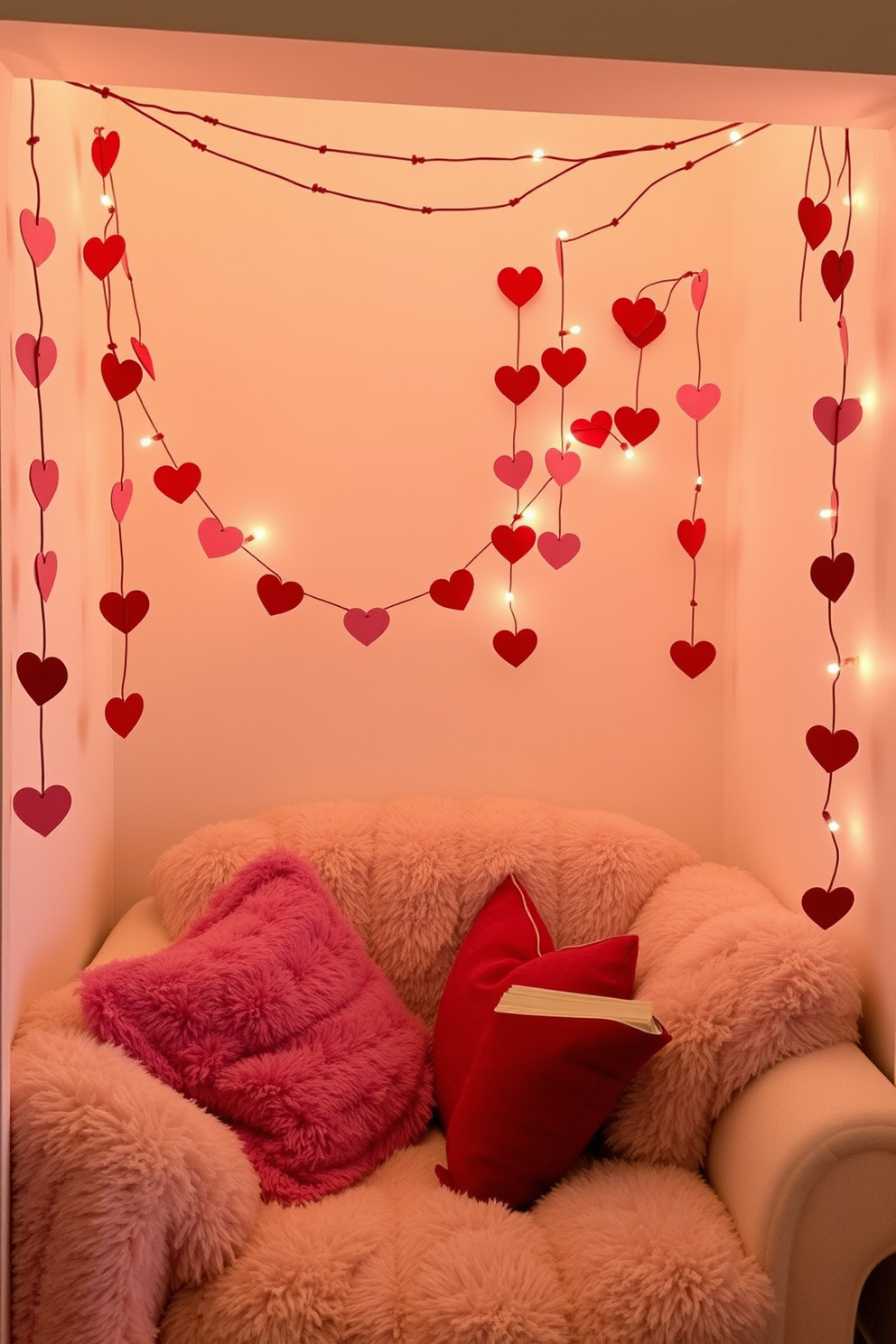 A cozy reading nook adorned with cute heart garlands hanging from the ceiling creates a warm and inviting atmosphere. Plush cushions in shades of pink and red are scattered on a soft, oversized chair, inviting you to curl up with a good book.