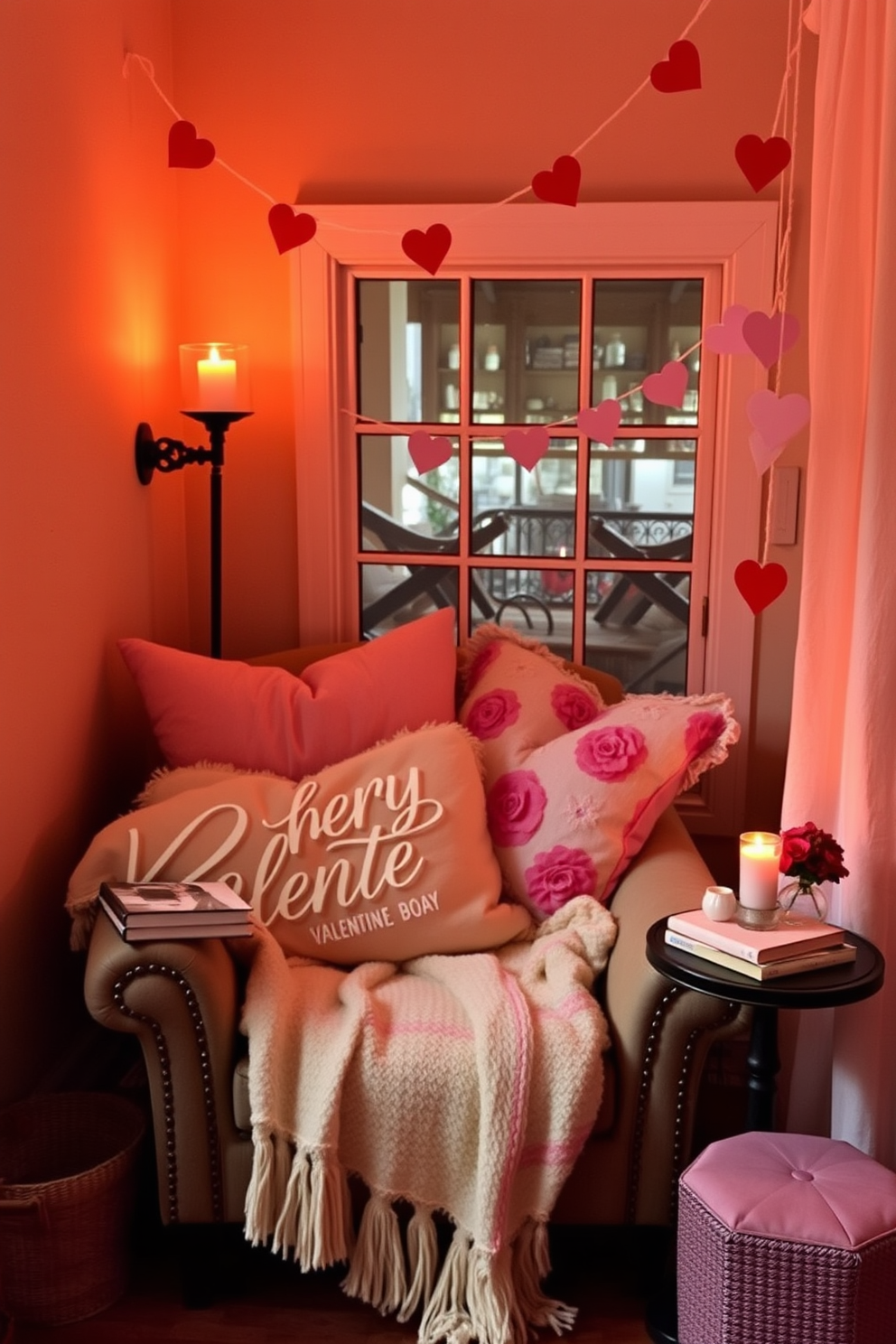 A cozy reading nook bathed in warm candlelight creates an inviting atmosphere. Plush cushions and a soft throw blanket adorn a comfortable armchair, while a small side table holds a stack of books and a flickering candle. For Valentine's Day, the nook is decorated with soft pink and red accents. Heart-shaped pillows and a delicate garland of paper hearts add a festive touch, inviting you to curl up and enjoy a romantic read.