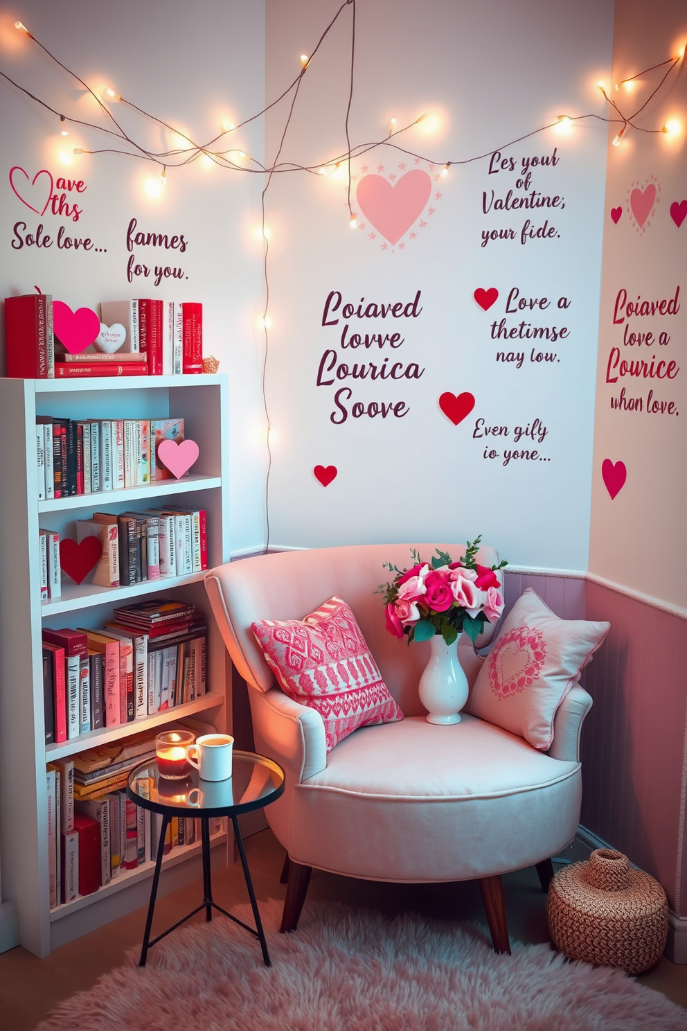 A cozy reading nook adorned with whimsical love quotes on the walls creates a romantic atmosphere. The nook features a plush armchair in a soft pastel color, surrounded by shelves filled with heart-themed books and decorative pillows. A small side table holds a steaming cup of tea and a vase of fresh flowers. Soft fairy lights twinkle above, casting a warm glow that enhances the Valentine's Day decorating ideas.