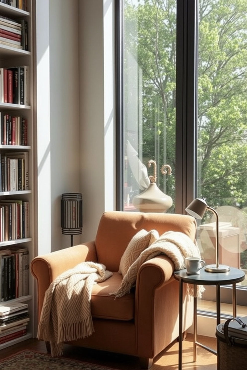 A cozy nook features two plush armchairs upholstered in soft fabric positioned around a small wooden side table. A warm, ambient light from a nearby floor lamp creates an inviting atmosphere perfect for reading. The walls are lined with built-in bookshelves filled with an eclectic collection of books and decorative items. A large window allows natural light to flood the space, adorned with light, airy curtains that gently sway with the breeze.