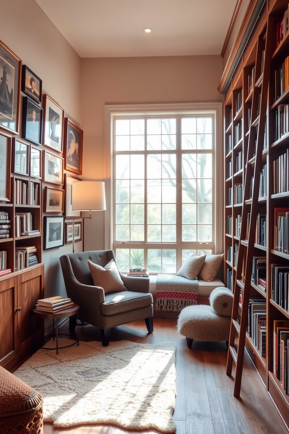 A cozy reading room features built-in shelves surrounding a central fireplace. The shelves are filled with an array of books and decorative items, creating a warm and inviting atmosphere. The fireplace is framed with elegant molding and topped with a beautiful mantle. Soft lighting from wall sconces illuminates the space, enhancing the rich colors of the plush seating and area rugs.