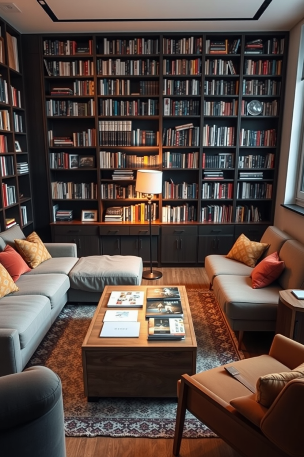 A cozy reading room filled with natural light streaming through large skylights. The space features a wall of built-in bookshelves filled with books and a comfortable armchair nestled in the corner. A wooden table with a soft lamp sits next to the armchair, creating an inviting atmosphere. Plush rugs cover the hardwood floor, adding warmth to the serene environment.