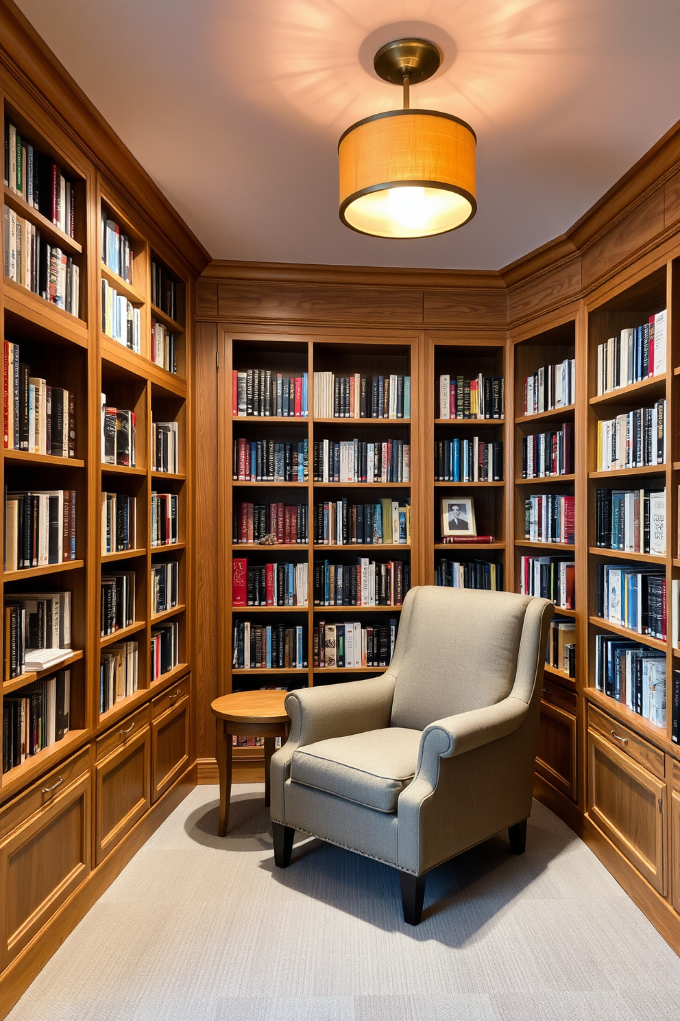 A cozy reading room with natural wood accents throughout. The walls are lined with built-in wooden bookshelves filled with books of various sizes and colors. A large, comfortable armchair upholstered in soft fabric sits in the corner, accompanied by a small wooden side table. A warm, ambient light fixture hangs from the ceiling, creating an inviting atmosphere for reading.