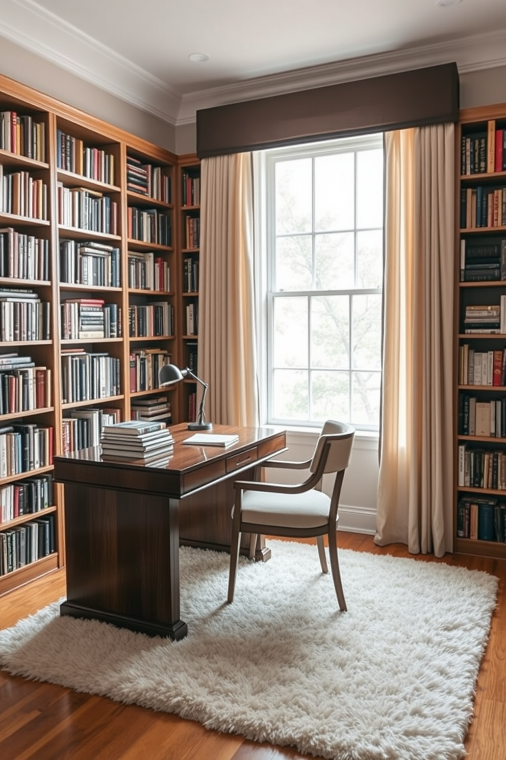 A cozy reading room features a small wooden desk positioned by a large window that allows natural light to flood the space. The desk is adorned with a sleek lamp, a stack of books, and a comfortable chair that invites hours of writing or studying. The walls are lined with floor-to-ceiling bookshelves filled with an eclectic mix of books and decorative items. A plush area rug anchors the space, while soft curtains frame the window, adding warmth and a touch of elegance to the home library design.