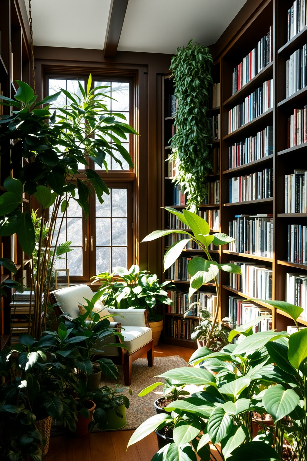 Indoor plants add a refreshing touch to a reading room filled with natural light. A cozy reading nook features a comfortable armchair surrounded by lush greenery, creating a serene atmosphere for book lovers. The home library design incorporates floor-to-ceiling bookshelves made of dark wood. A large window allows sunlight to filter in, illuminating the space and highlighting the vibrant colors of the potted plants.