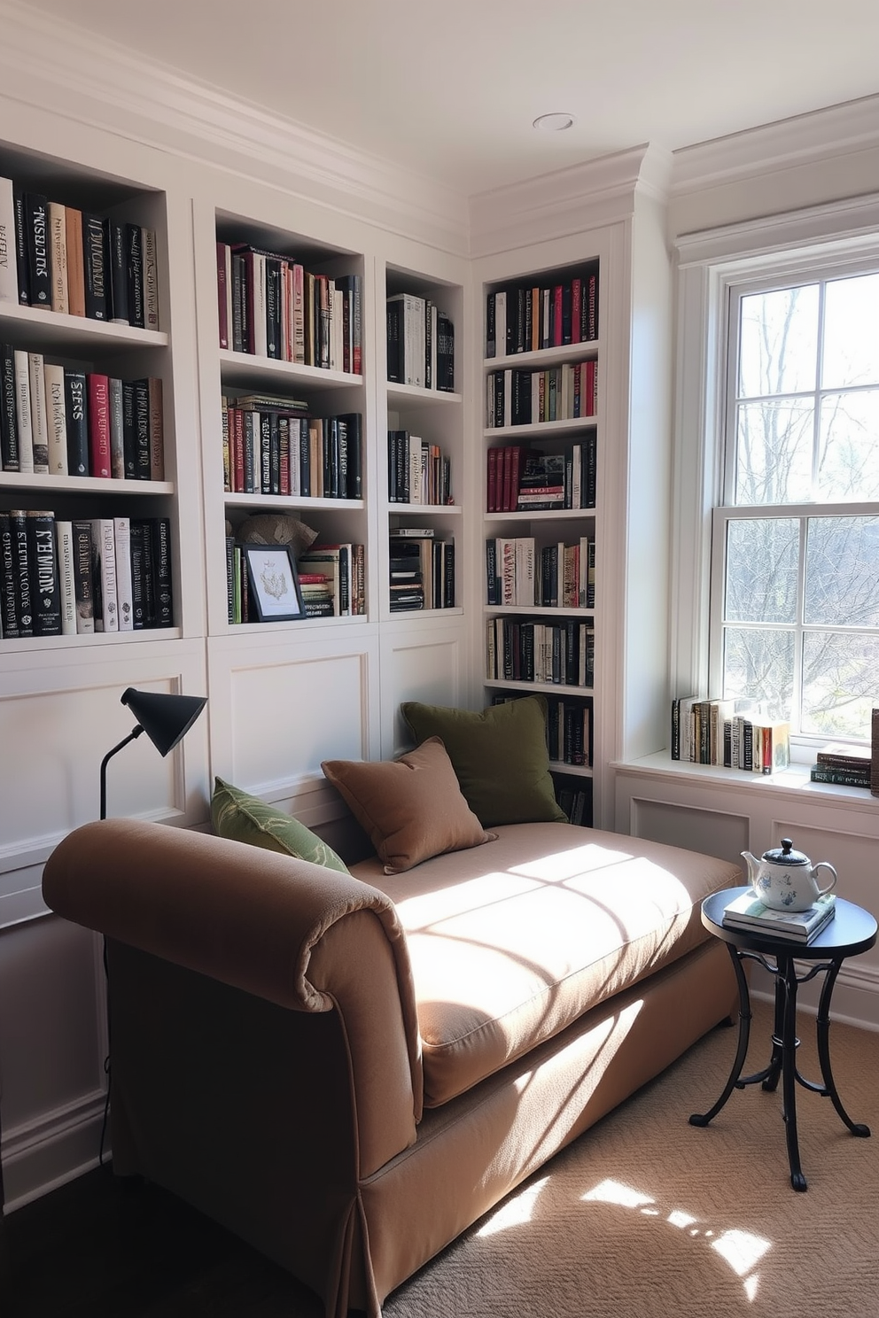 A cozy reading nook featuring a plush chaise lounge upholstered in soft fabric. The lounge is positioned near a large window, allowing natural light to flood the space and create an inviting atmosphere. Surrounding the chaise are built-in bookshelves filled with an array of books and decorative items. A small side table holds a steaming cup of tea and a stylish reading lamp, enhancing the comfort of the room.