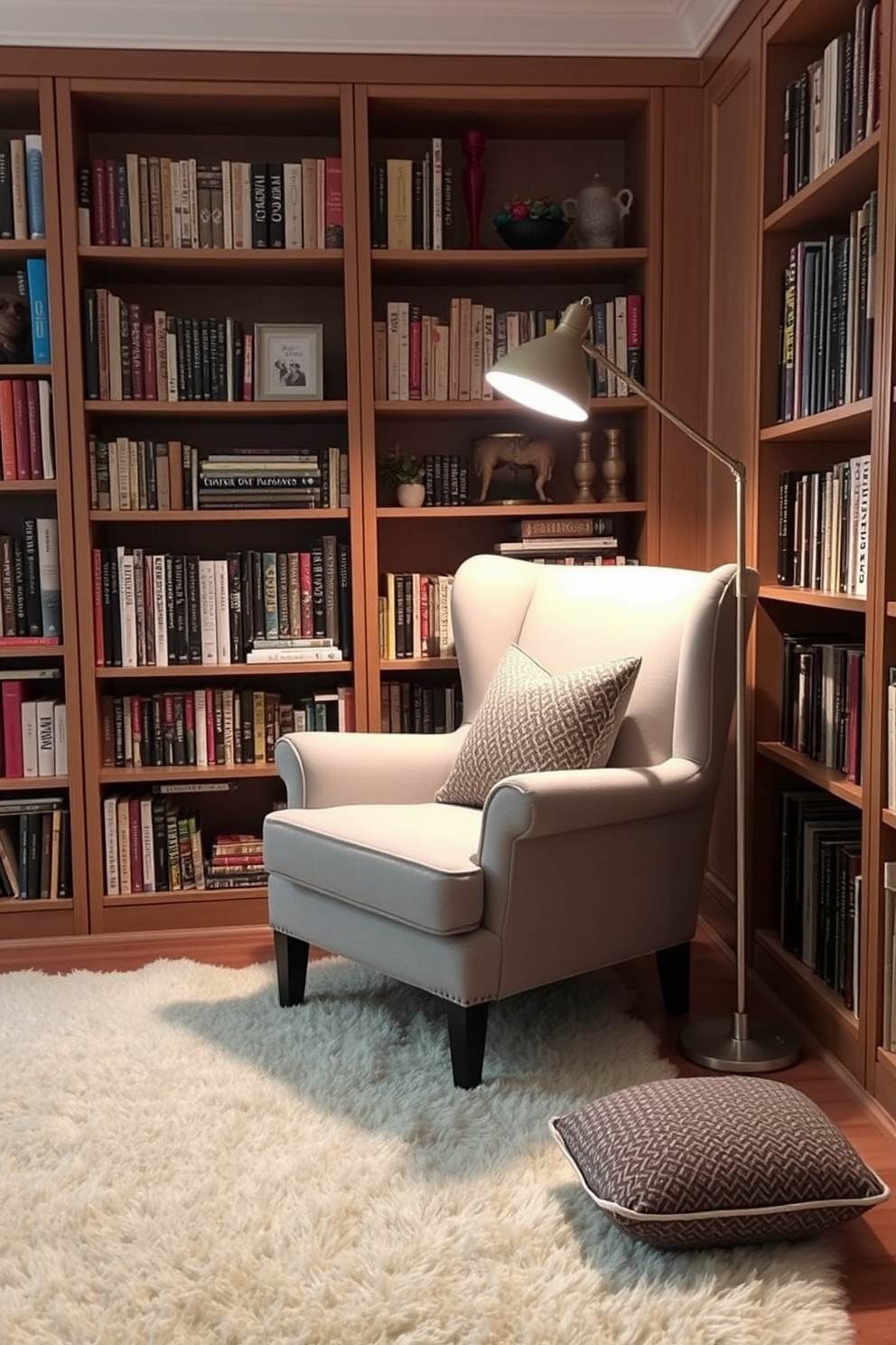 A cozy reading nook featuring a comfortable armchair upholstered in soft fabric. The space is illuminated by a sleek reading light with adjustable brightness, positioned beside the chair. Bookshelves line the walls, filled with an array of books and decorative items. A plush area rug anchors the room, adding warmth and texture to the reading room ambiance.