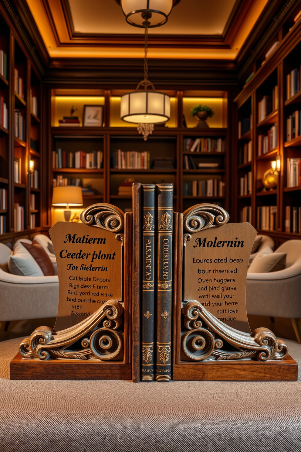 Personalized bookends designed to reflect the character of the owner. The bookends feature intricate carvings and a rich wood finish, complementing the warm tones of the surrounding library. The reading room is adorned with plush seating and soft lighting, creating a cozy atmosphere. Shelves lined with books and decorative items enhance the personal touch of the space.