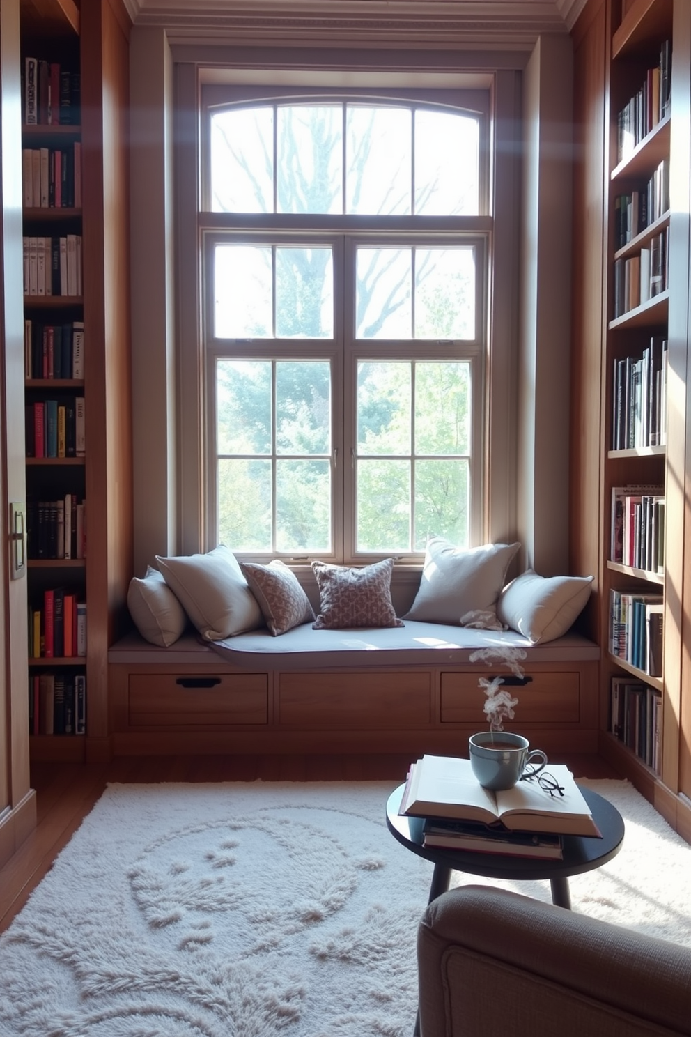 A cozy reading nook features a small wooden desk positioned near a window that allows natural light to pour in. Surrounding the desk are shelves filled with books, and a comfortable armchair is tucked into the corner, inviting relaxation. The walls are painted in a soft beige hue, creating a warm and inviting atmosphere. A plush area rug lies beneath the desk and chair, adding texture and comfort to the space.