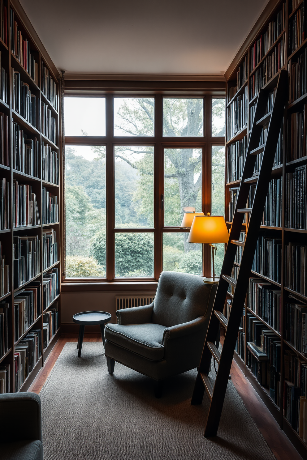 A cozy reading room features floor to ceiling bookshelves made of rich dark wood, filled with an array of books and decorative items. A plush armchair sits in the corner, inviting readers to settle in with a good book, while a warm light fixture casts a soft glow over the space.