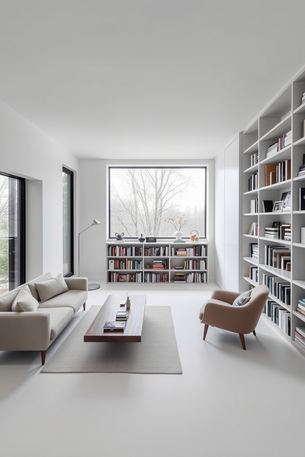 A cozy reading room with layered lighting creates an inviting atmosphere. Soft ambient lights are complemented by adjustable reading lamps positioned near a plush armchair and a small side table. The walls are lined with built-in bookshelves filled with an eclectic collection of books. A warm color palette of deep blues and earthy tones enhances the comfort of this home library.