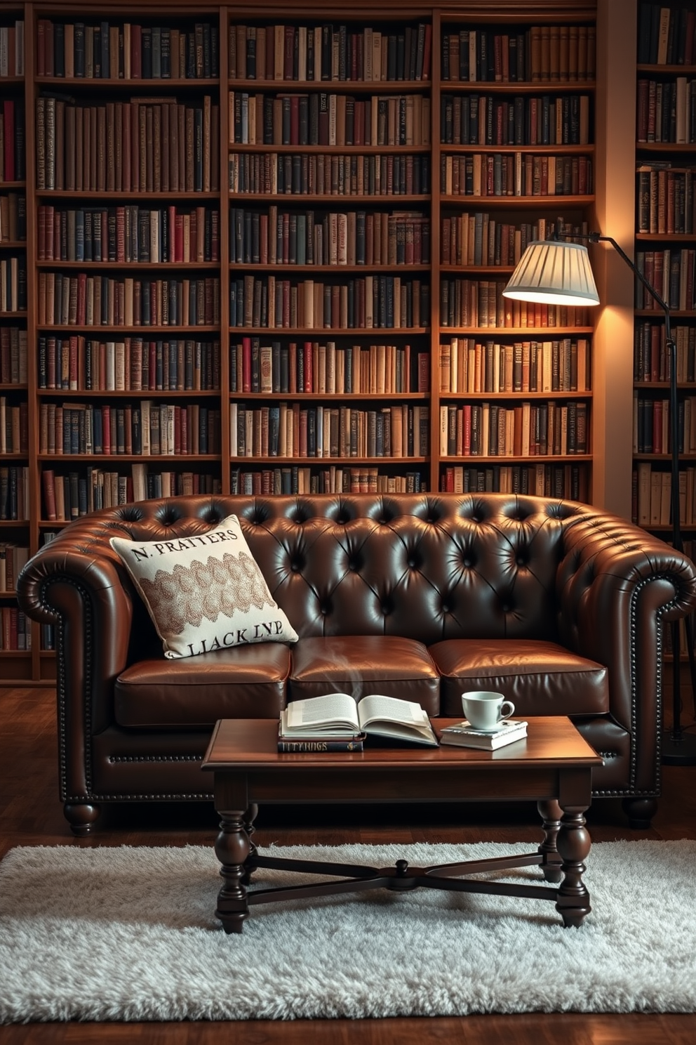 Stylish ottomans are arranged around a cozy reading nook in the home library. Each ottoman features a unique fabric pattern and a plush cushion, inviting relaxation and comfort. The room is adorned with tall bookshelves filled with an eclectic mix of books and decorative items. Soft lighting from a nearby floor lamp creates a warm and inviting atmosphere for reading.