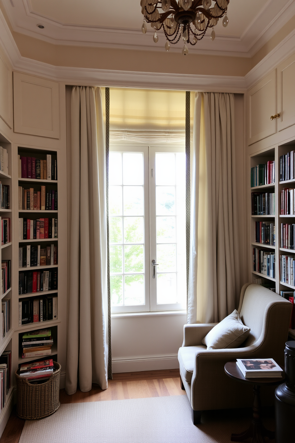 A cozy reading room designed for comfort and relaxation. Soft curtains in a light fabric frame the windows, allowing natural light to filter in gently. The room features built-in bookshelves filled with a curated selection of books. A plush armchair is positioned near a small side table, creating an inviting nook for reading.