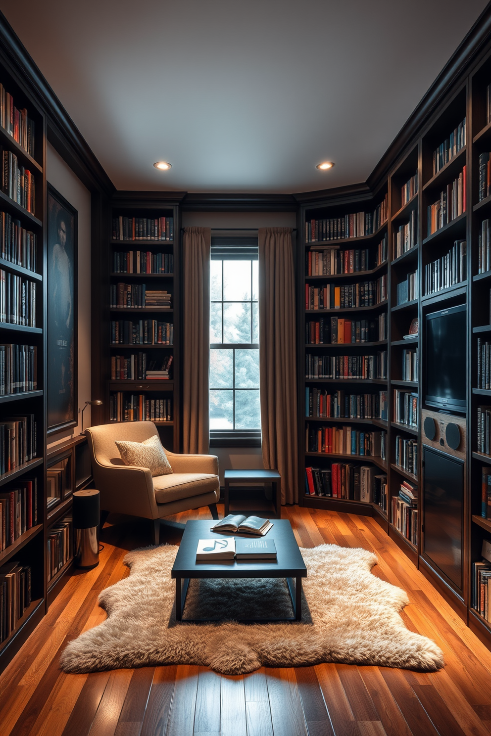 A serene reading room filled with natural light. Comfortable seating is arranged around a large window, surrounded by a variety of potted plants that add a touch of greenery. The walls are lined with bookshelves filled with an eclectic mix of books and decorative items. A soft area rug anchors the space, and a cozy reading nook features a plush chair and a small side table for drinks. A stylish home library that combines functionality with elegance. Rich wooden shelves display an extensive collection of books, while a sleek ladder provides access to the higher shelves. A large desk is positioned near a window, offering a perfect spot for reading and writing. Warm lighting creates an inviting atmosphere, complemented by carefully placed plants that enhance the connection to nature.