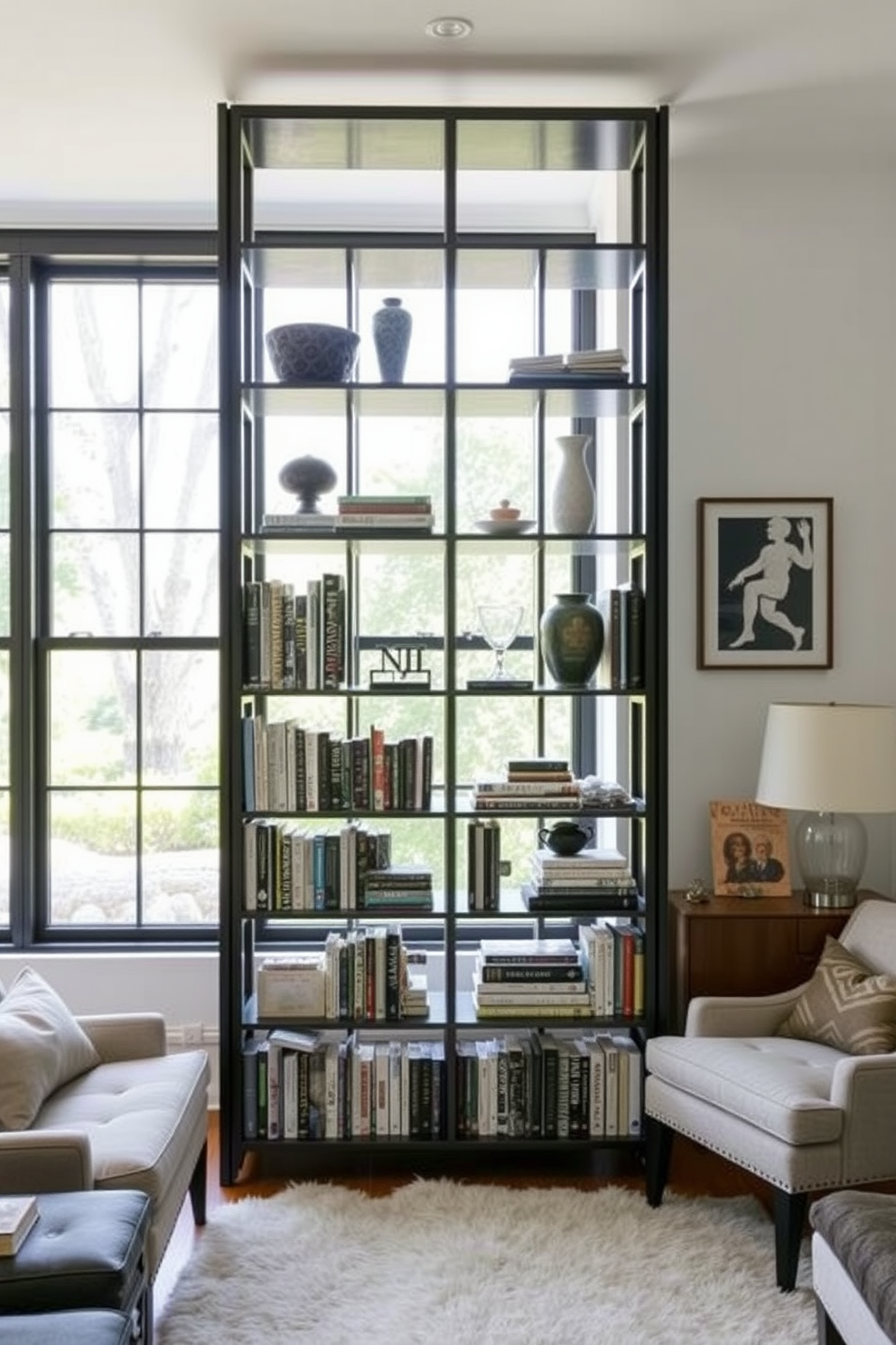 A stylish freestanding bookshelf serves as a divider in the reading room, creating a cozy and inviting atmosphere. The shelves are filled with an eclectic mix of books and decorative items, enhancing the room's character and charm. The reading room features comfortable seating options, such as plush armchairs and a soft area rug that adds warmth to the space. Large windows allow natural light to flood the room, highlighting the carefully curated decor and inviting readers to relax with their favorite books.