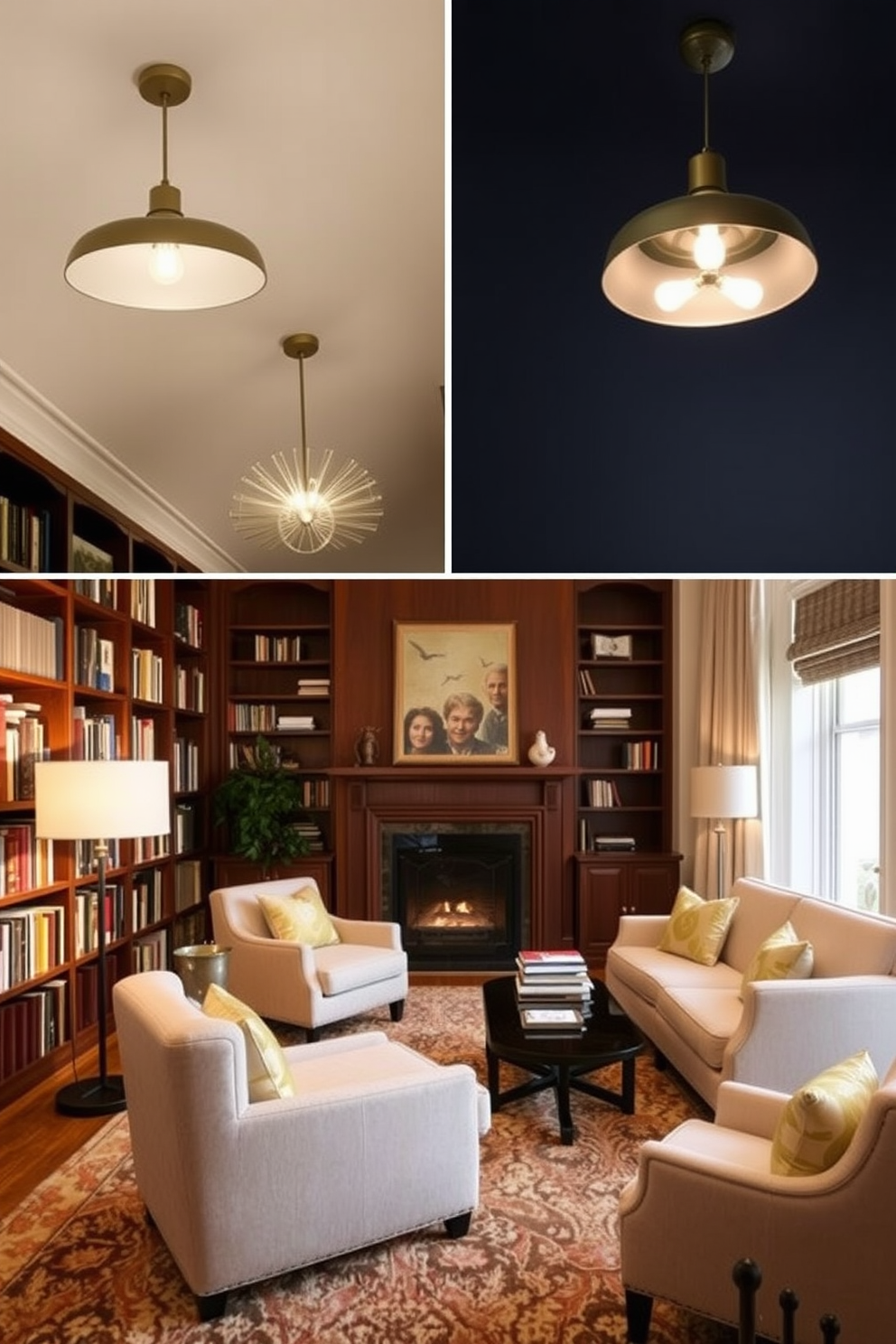 Create a cozy reading room featuring unique lighting fixtures that add flair to the space. The room is filled with comfortable seating options, and bookshelves line the walls, showcasing a variety of books and decorative items. Design a home library that combines elegance and functionality with distinctive lighting elements. The library should have a warm color palette, plush rugs, and inviting nooks for reading, all enhanced by the artistic lighting fixtures.