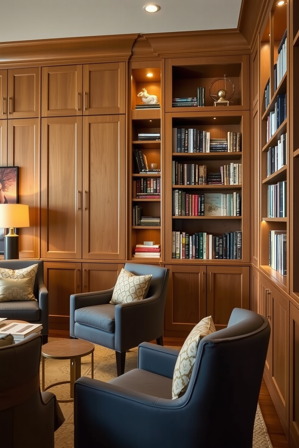 A unique coffee table with integrated storage sits at the center of a cozy reading room. Surrounding it are plush armchairs upholstered in soft fabric, creating an inviting space for relaxation and reading. The walls are lined with built-in bookshelves filled with a diverse collection of books. A warm, ambient light from a stylish floor lamp casts a gentle glow, enhancing the room's tranquil atmosphere.