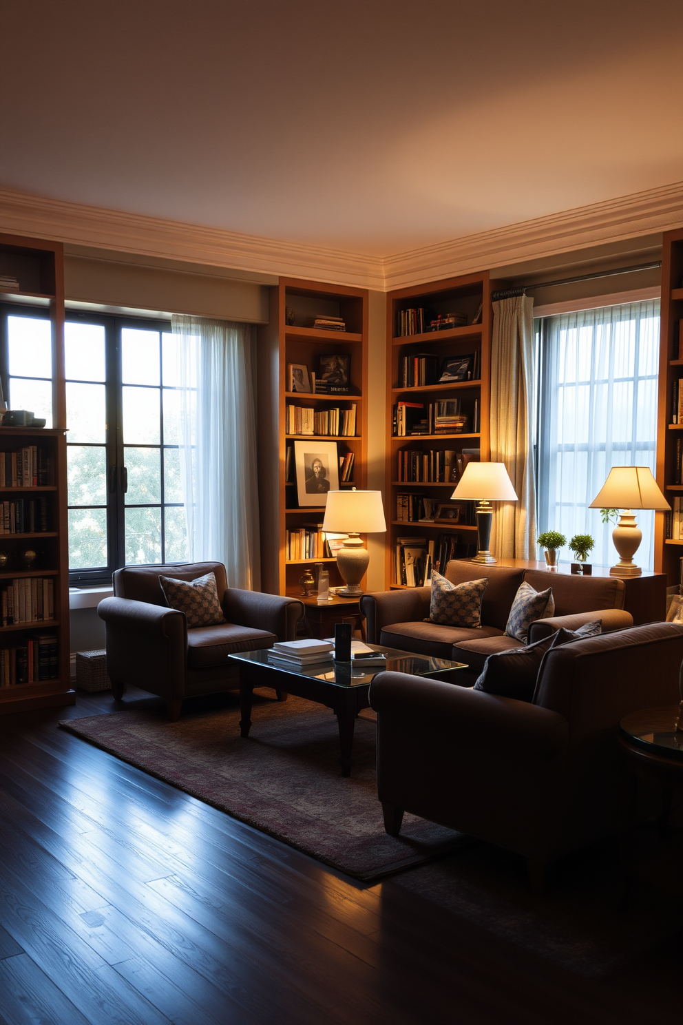 A cozy reading room filled with soft lighting creates an inviting atmosphere. Plush armchairs are positioned around a wooden coffee table, with reading lamps casting a warm glow over the space. Bookshelves line the walls, filled with an eclectic mix of books and decorative items. A large window allows natural light to filter in, complemented by sheer curtains that gently diffuse the brightness.