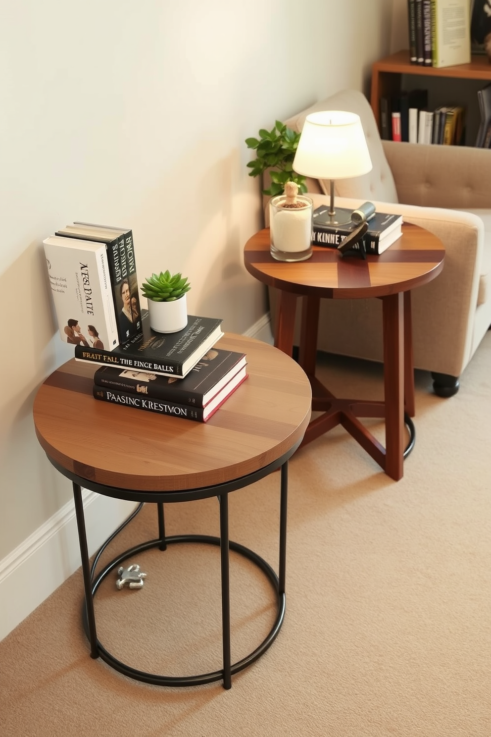 Stylish side tables for convenience in a reading room. Each table features a unique design with a mix of wood and metal elements, providing both functionality and aesthetic appeal. The tables are adorned with decorative books, a small lamp, and a potted plant to enhance the cozy atmosphere. Soft lighting and plush seating create an inviting space for relaxation and reading.