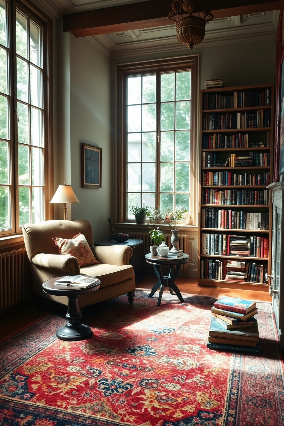 A cozy reading room adorned with a vintage rug that adds warmth and character. The walls are lined with bookshelves filled with an eclectic collection of books, and a comfortable armchair sits invitingly in the corner. Natural light pours in through large windows, illuminating the space with a soft glow. A small side table next to the armchair holds a steaming cup of tea and a stack of well-loved novels.