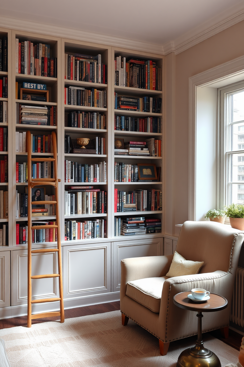 A cozy reading room featuring a vintage wooden ladder leaning against a wall filled with bookshelves. The space is adorned with a plush armchair in a warm fabric, a small side table with a steaming cup of tea, and soft lighting that invites relaxation. The walls are painted in a soft cream color, creating a serene backdrop for the rich wooden bookshelves. A patterned area rug lies underfoot, adding warmth and comfort to the room, while a large window allows natural light to flood the space, enhancing the inviting atmosphere.