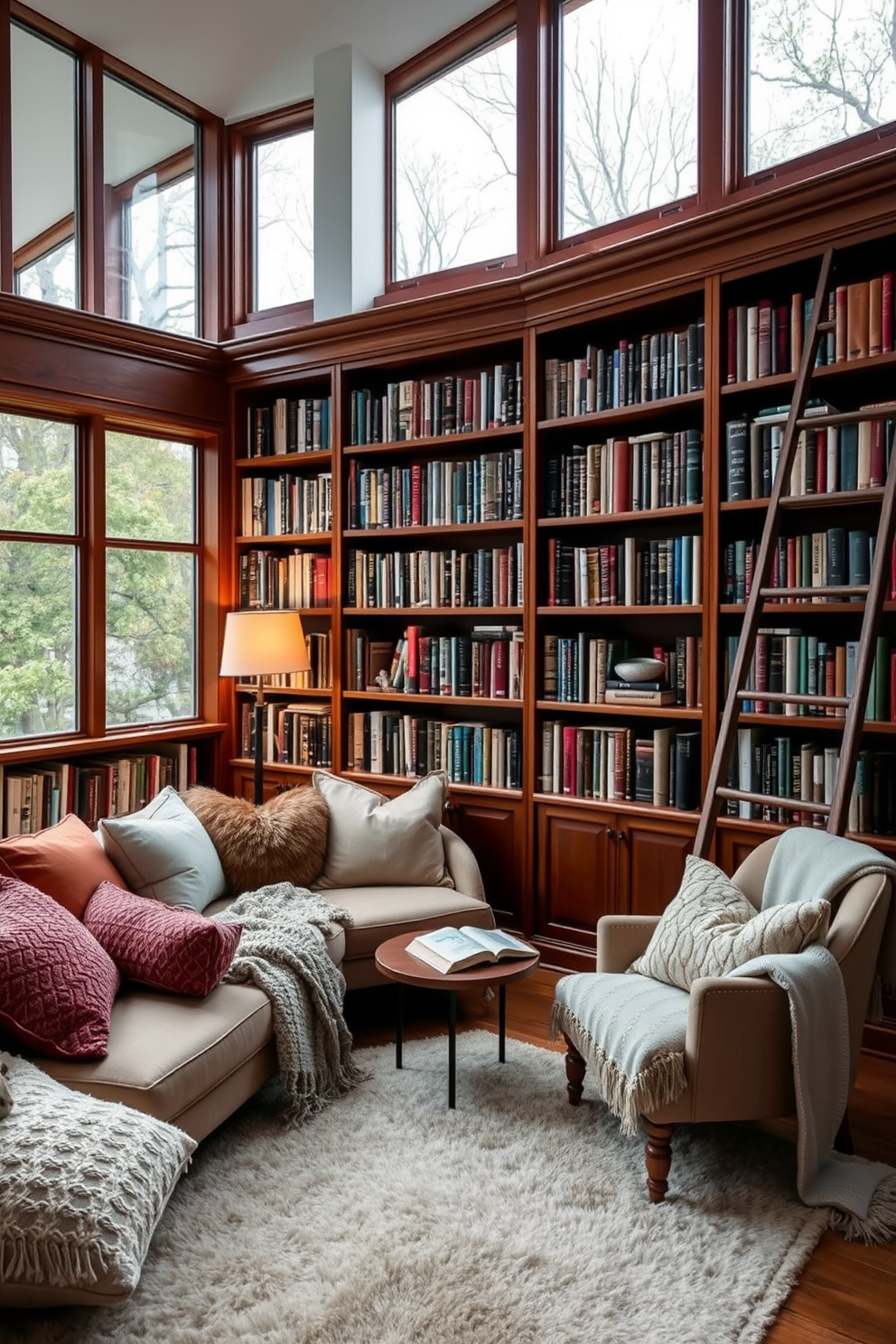 A cozy nook designed for relaxation features plush cushions in various textures and colors, complemented by soft throws draped casually over the seating. Shelves filled with books line the walls, and a warm reading lamp casts a gentle glow over the inviting space. The reading room is adorned with large windows that allow natural light to flood in, creating an airy atmosphere perfect for enjoying a good book. A comfortable armchair is positioned near a small side table, inviting readers to settle in with their favorite novel. The home library showcases rich wooden bookshelves that stretch from floor to ceiling, filled with an extensive collection of literature. A stylish ladder leans against the shelves, providing access to the higher volumes while a plush rug anchors the seating area, enhancing the overall warmth of the room.