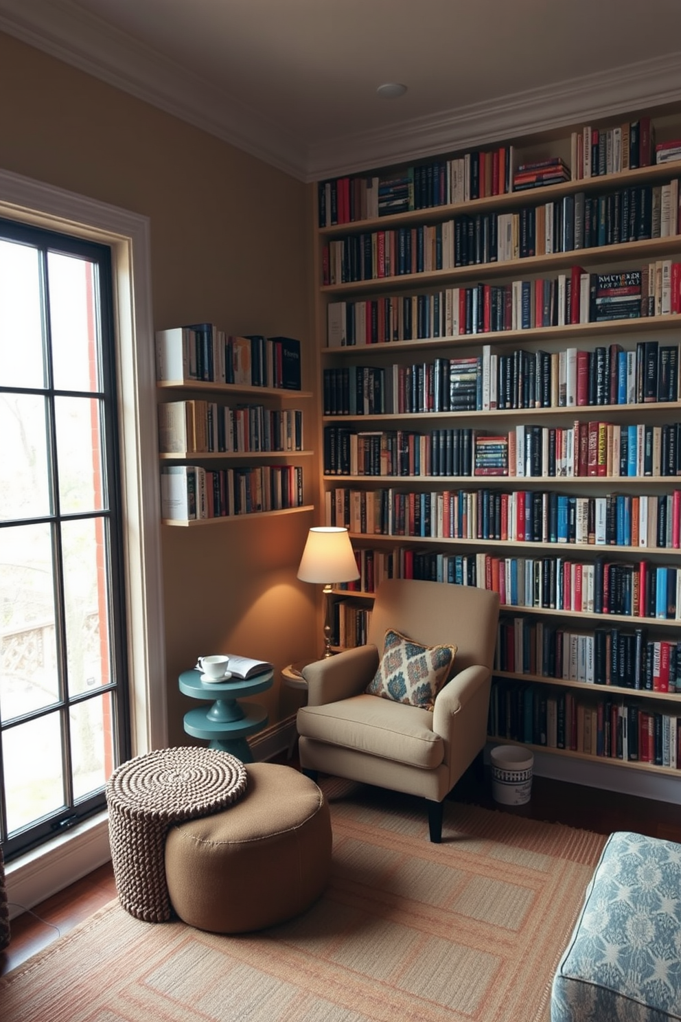 A cozy reading room features wall-mounted bookshelves that stretch from floor to ceiling, filled with an array of colorful books. A plush armchair is nestled in the corner, complemented by a small side table for a cup of tea and a soft reading lamp. The walls are painted in a warm beige tone, creating an inviting atmosphere for relaxation. A large window allows natural light to flood the space, highlighting the rich textures of a woven area rug beneath the armchair.