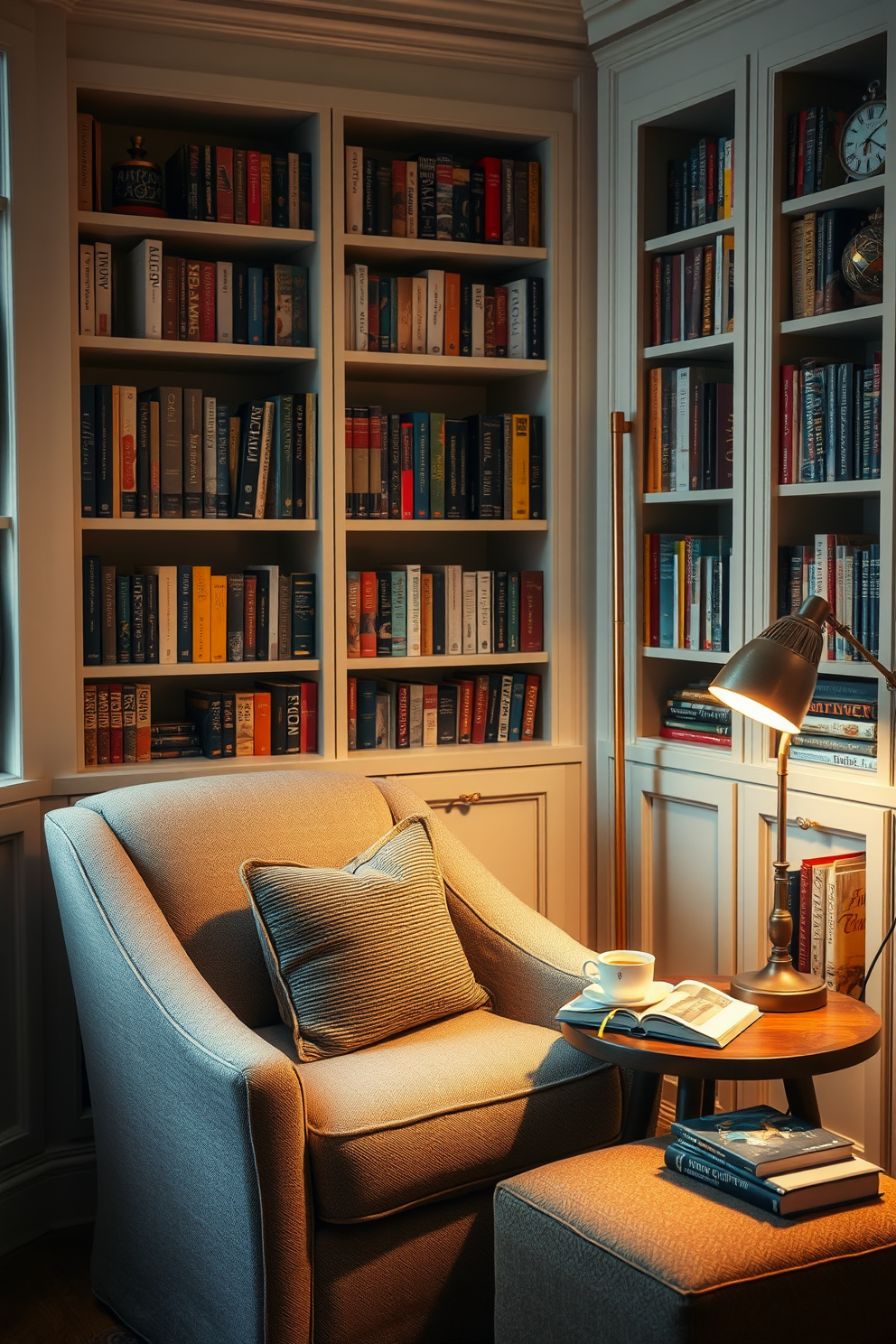 A cozy reading corner featuring a plush armchair upholstered in soft fabric. Next to the chair, a small wooden table holds a steaming cup of tea and a stack of books. The walls are lined with built-in bookshelves filled with an array of colorful novels and decorative items. A warm floor lamp casts a gentle glow, creating an inviting atmosphere for reading.