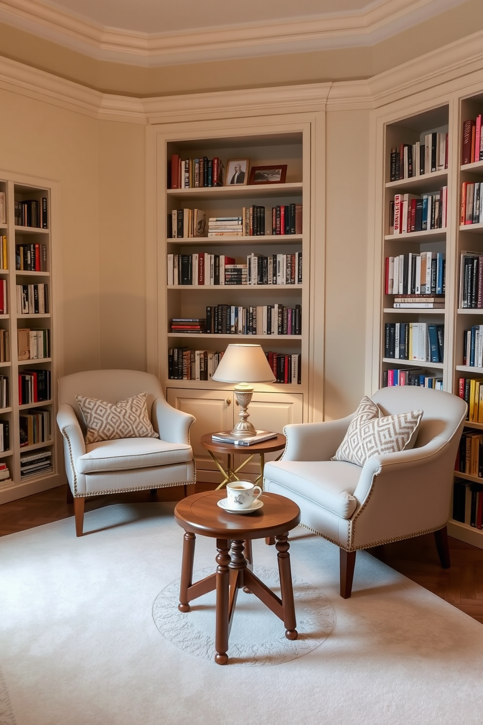 A serene reading room designed with a neutral color palette to evoke calmness. Soft beige walls complement a cozy seating area with plush armchairs and a light-colored area rug. Bookshelves line the walls, filled with an array of books and decorative items. A small wooden table sits between the chairs, adorned with a steaming cup of tea and a decorative lamp for soft lighting.