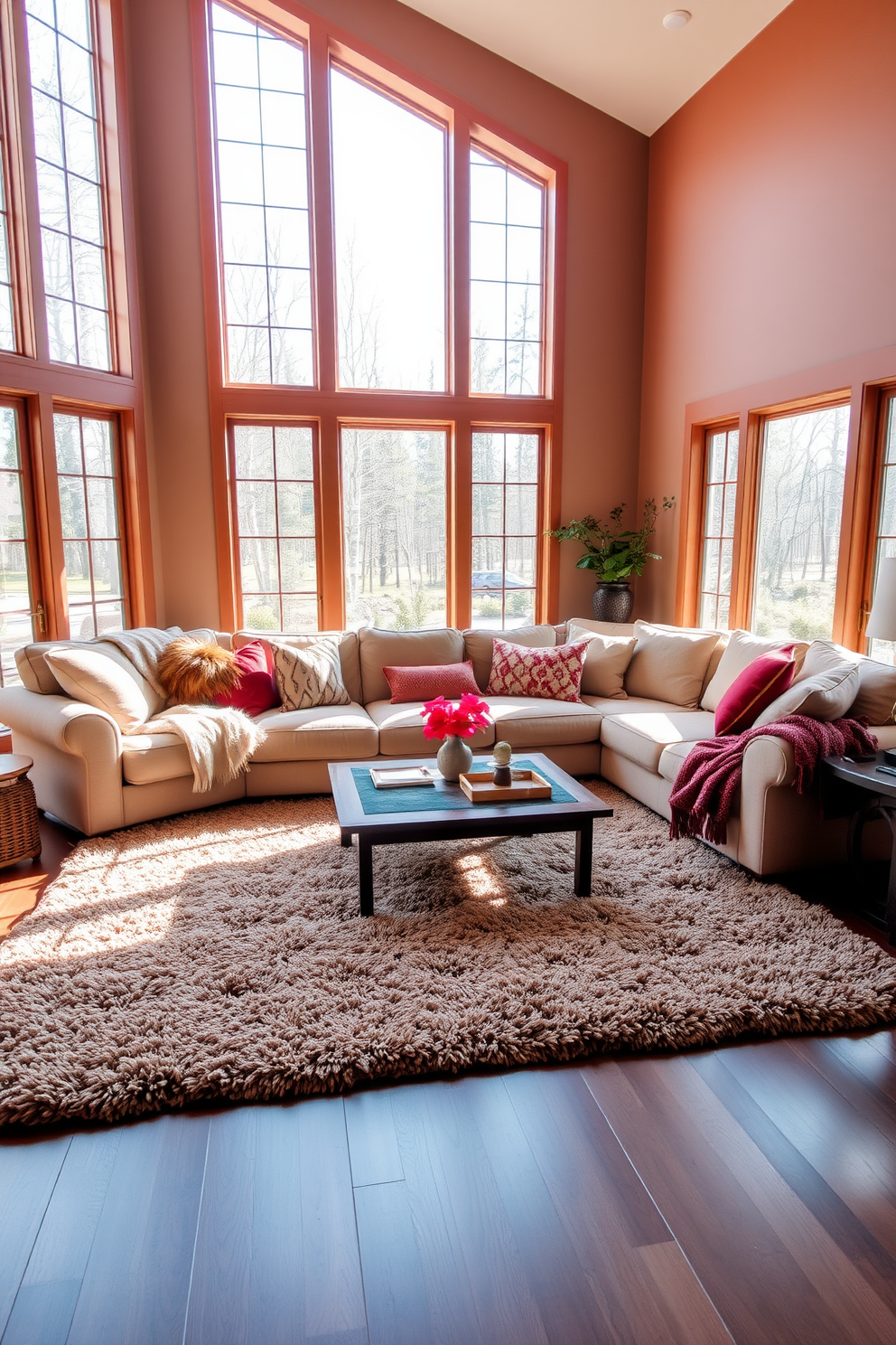 A cozy sectional sofa is arranged around a central coffee table, creating an inviting space for relaxation and conversation. The walls are adorned with soft, warm colors, and a plush area rug anchors the seating area, adding comfort and style. Large windows allow natural light to flood the room, enhancing the airy feel. Decorative cushions and throws in complementary colors are scattered across the sectional, adding texture and warmth to the design.