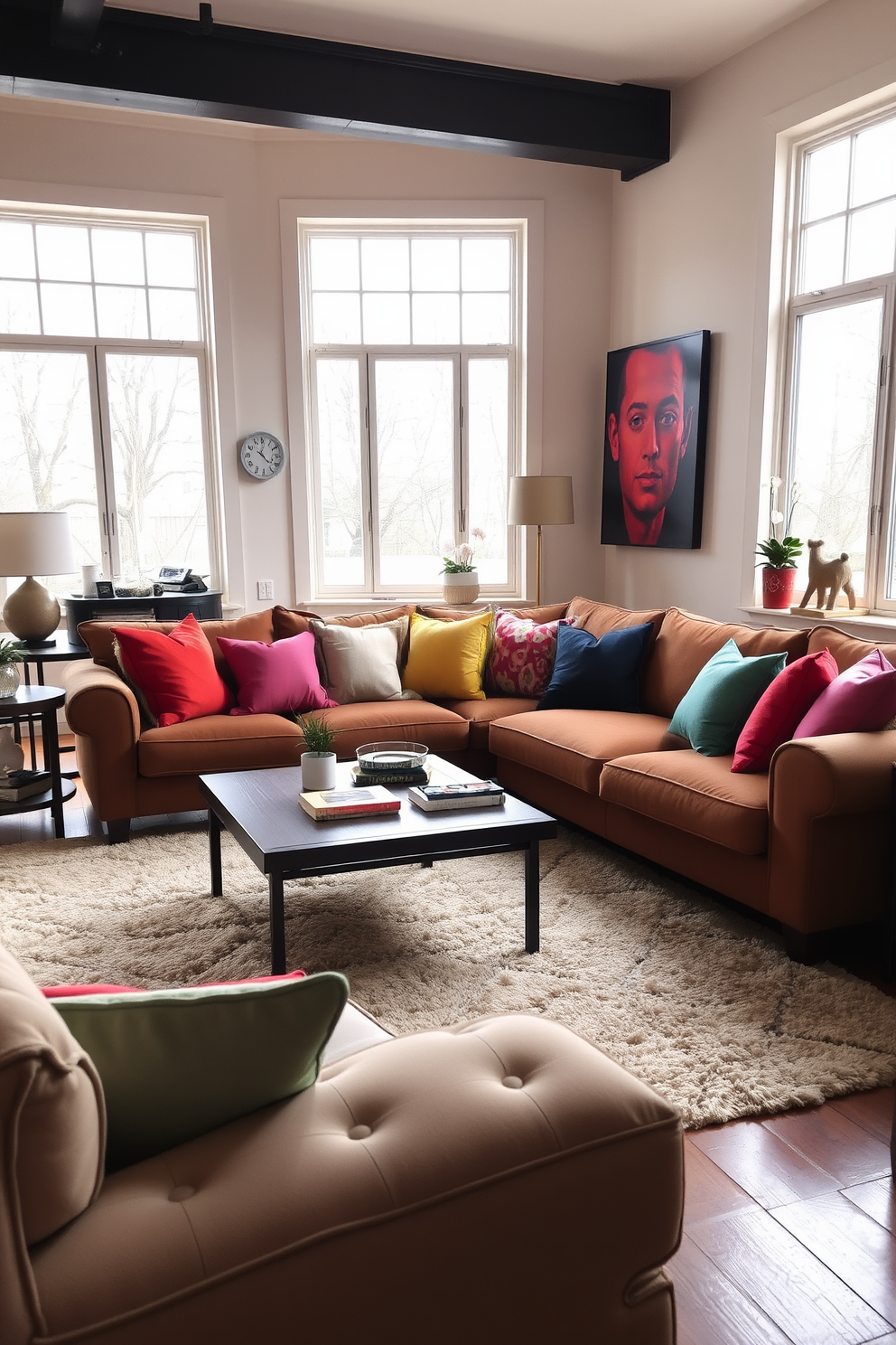 Colorful throw pillows in vibrant hues are scattered across a plush sofa, adding a lively touch to the space. The living room features a cozy layout with a rectangular coffee table at the center, surrounded by a mix of modern and vintage decor elements. Large windows allow natural light to flood the room, highlighting the rich textures of the furnishings. A soft area rug anchors the seating arrangement, creating an inviting atmosphere perfect for relaxation and conversation.