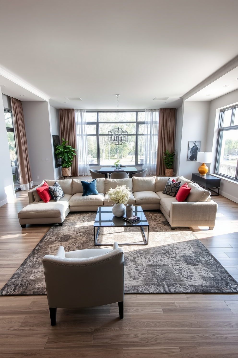 Open floor plan with seamless flow featuring a spacious rectangle living room. The area is adorned with a plush sectional sofa in a neutral tone, complemented by vibrant throw pillows and a sleek coffee table at the center. Large windows allow natural light to fill the room, while sheer curtains add an elegant touch. A contemporary area rug defines the seating space, and artwork adorns the walls, enhancing the overall aesthetic.