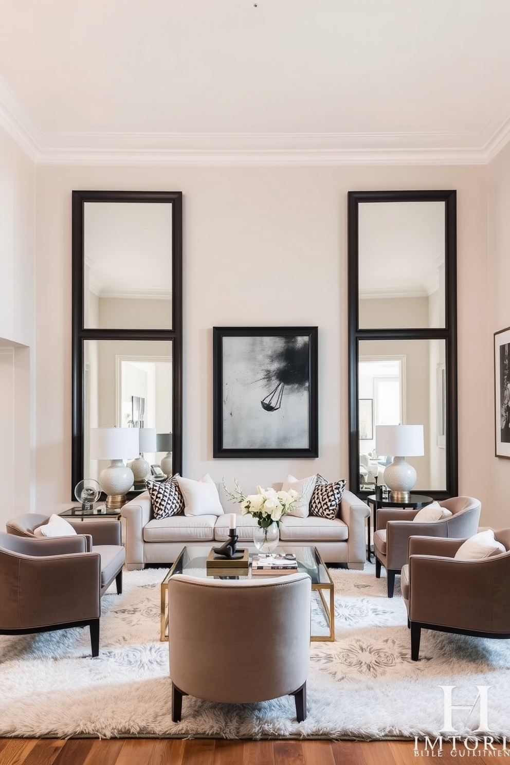 A stylish living room featuring large rectangular mirrors strategically placed to reflect natural light and create an illusion of a more spacious area. The room is adorned with a soft color palette, complemented by a comfortable sectional sofa and elegant accent chairs arranged around a chic coffee table. The walls are painted in a light beige hue, enhancing the airy feel of the space. A plush area rug anchors the seating arrangement, while tasteful artwork adorns the walls, adding character and warmth to the design.