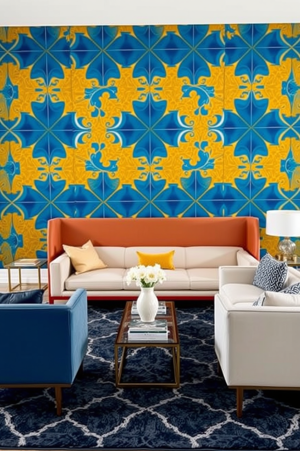 Accent wall with bold paint or wallpaper. A vibrant geometric pattern in shades of blue and gold creates a striking focal point behind a sleek modern sofa. Rectangle living room design ideas. The layout features a large area rug that defines the seating area, complemented by a stylish coffee table and contemporary armchairs.