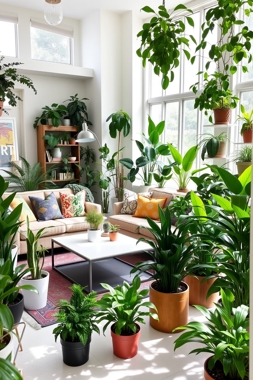 A bright and inviting living room filled with a variety of indoor plants in stylish pots. The space features a comfortable sofa with colorful cushions, a sleek coffee table, and large windows that allow natural light to flood in. The room is designed with a neutral color palette, accented by vibrant green foliage from the plants. A cozy reading nook is created in one corner with an armchair and a small bookshelf, enhancing the overall warmth and charm of the space.