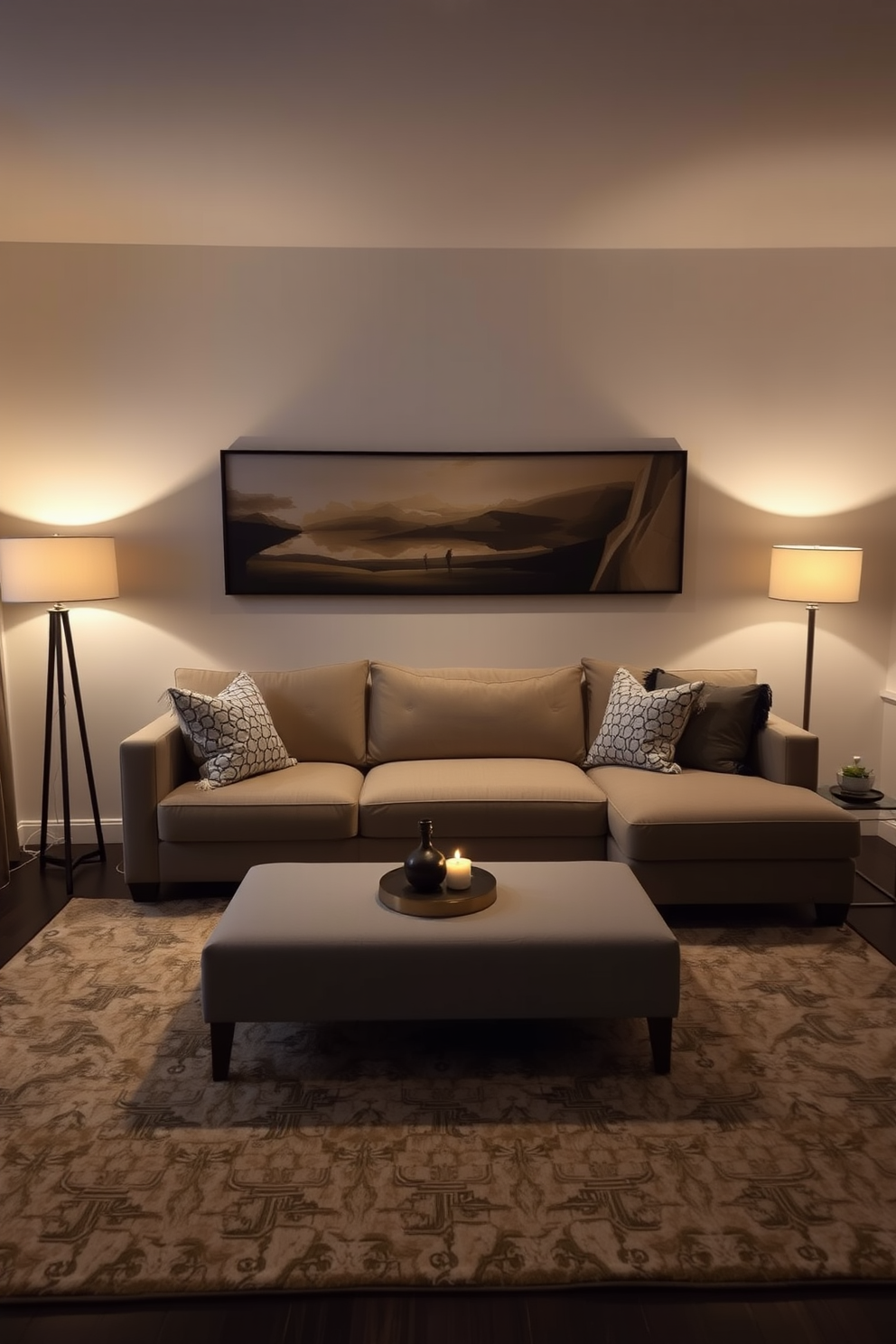 A cozy rectangle living room bathed in warm lighting from stylish table and floor lamps. The space features a plush sectional sofa adorned with textured throw pillows and a large area rug that adds comfort underfoot.