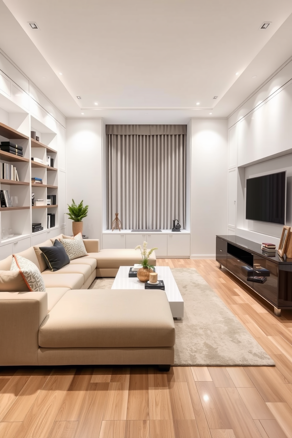 A rectangle living room designed with a creative use of space featuring built-in shelves that seamlessly blend into the walls. The seating area includes a plush sectional sofa arranged around a sleek coffee table, with a built-in media console opposite that showcases decorative items and a television.