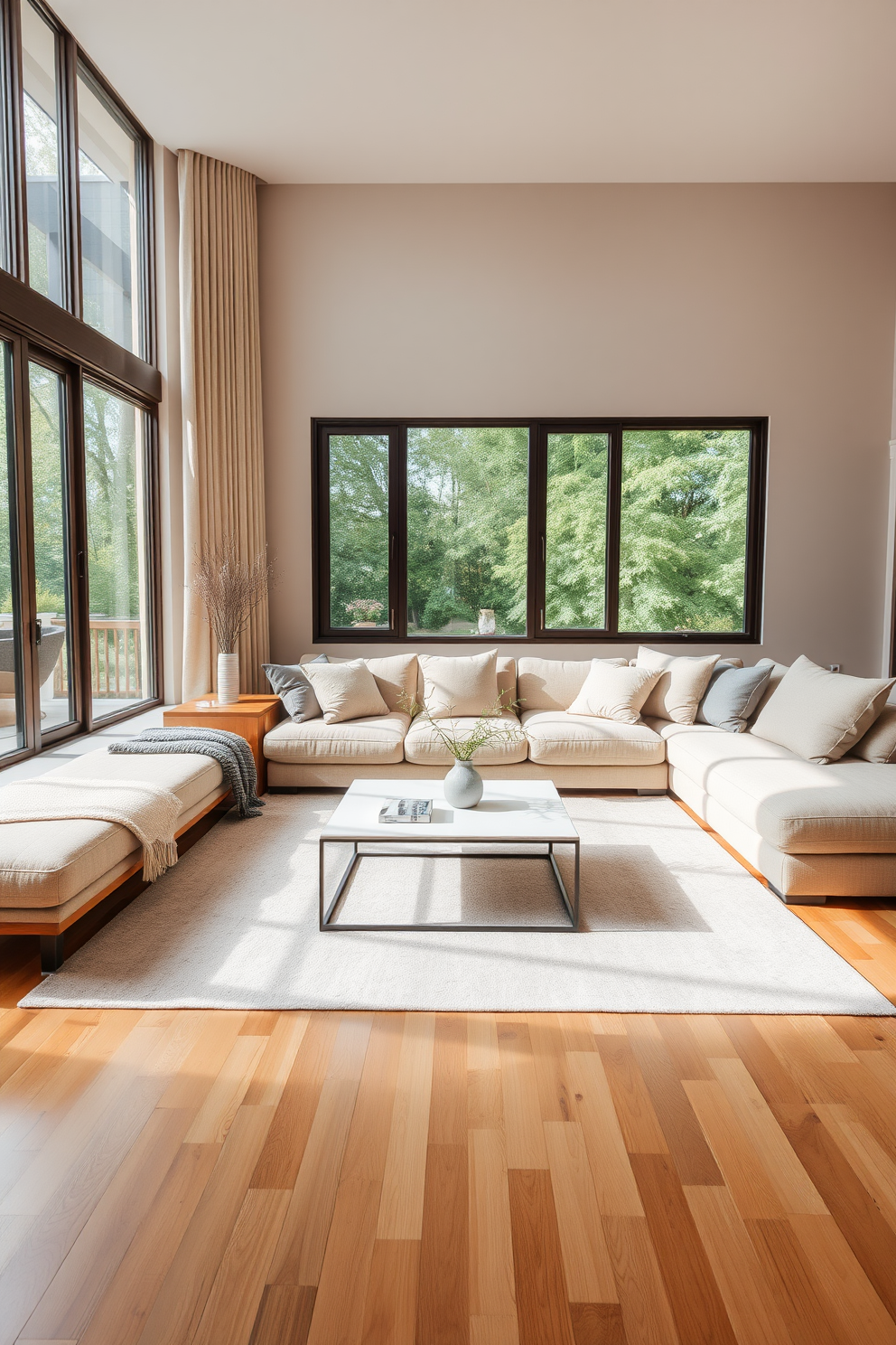 A serene living room with a neutral color palette that promotes relaxation and tranquility. The space features a large, comfortable sectional sofa adorned with soft beige and gray cushions. Large windows allow natural light to flood the room, highlighting the warm wooden floor. A minimalist coffee table sits in the center, complemented by a few decorative books and a simple vase with greenery.