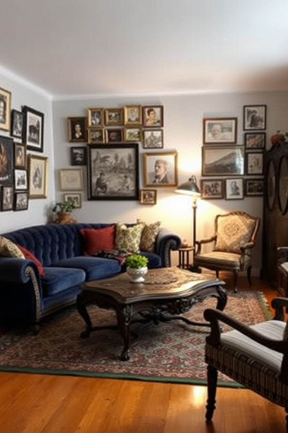 A cozy rectangle living room filled with vintage finds that add character and charm. The space features a plush velvet sofa in deep blue, complemented by an antique coffee table with intricate carvings. On the walls, an eclectic gallery of framed vintage prints creates a focal point. A patterned area rug anchors the seating area, while a mid-century floor lamp casts a warm glow over the room.