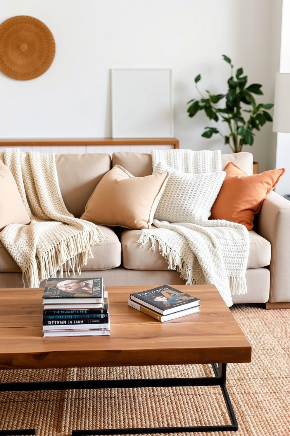 A cozy living room featuring a large rectangular sofa adorned with textured throw blankets in soft neutral tones. The space includes a wooden coffee table with a stack of books and a warm rug that complements the overall design.