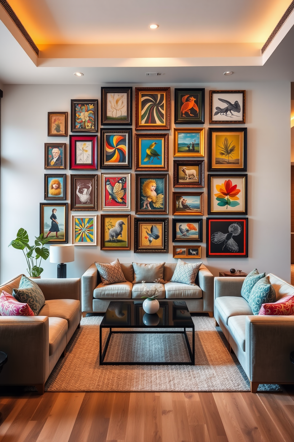 A gallery wall filled with vibrant framed artwork creates a stunning focal point in the living room. The frames vary in size and style, showcasing an eclectic mix of colors and textures that enhance the room's aesthetic. The rectangle living room is designed with a spacious layout that promotes both comfort and style. Plush seating arrangements are centered around a sleek coffee table, with warm lighting illuminating the space for a cozy atmosphere.