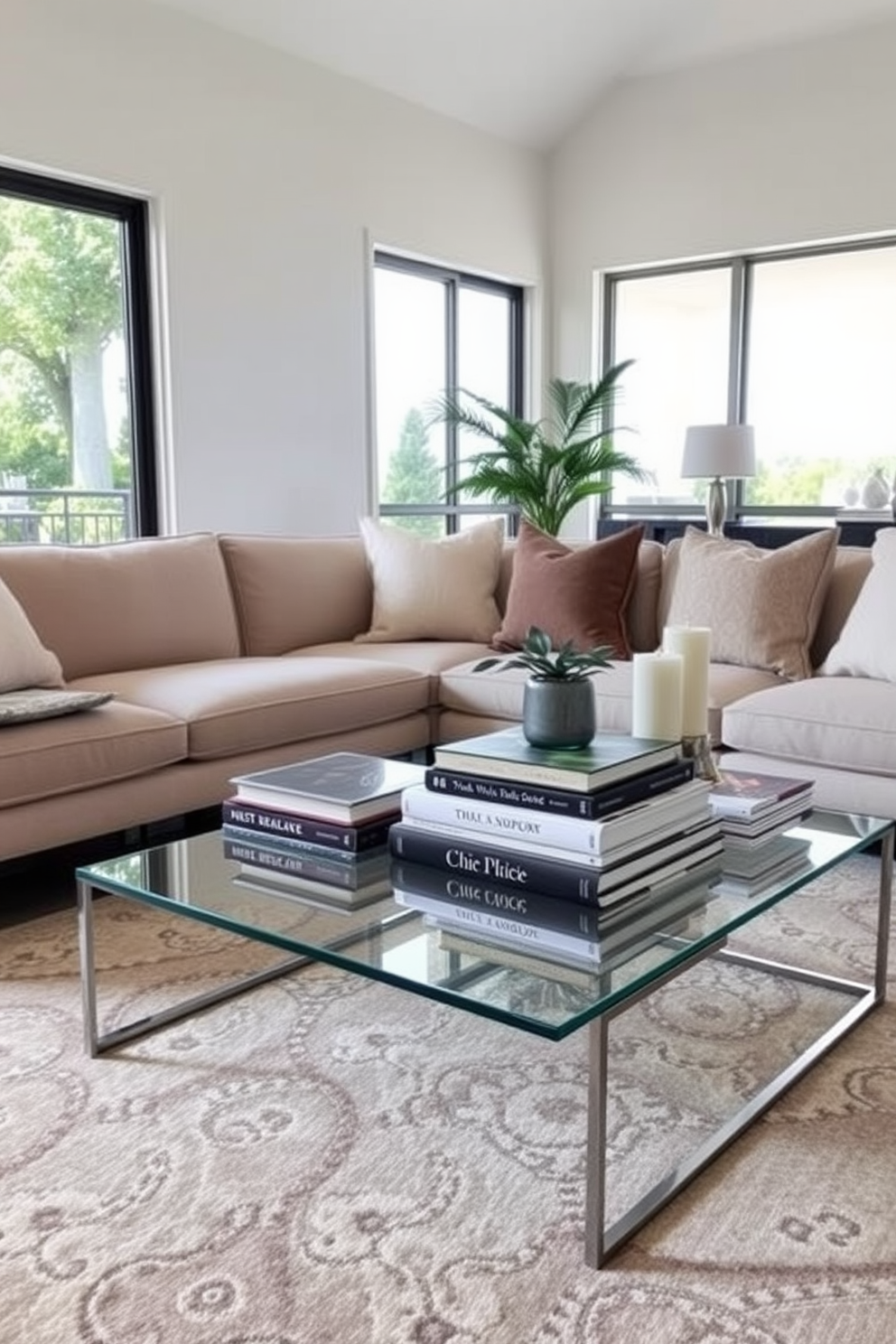 Chic coffee table books are artfully stacked on a sleek glass coffee table, adding a touch of sophistication to the space. The table is adorned with a small potted plant and a decorative candle, enhancing the inviting atmosphere of the living room. The rectangle living room design features a plush sectional sofa in neutral tones, perfectly positioned to create a cozy seating area. Large windows allow natural light to flood the room, highlighting the elegant area rug that ties the space together.