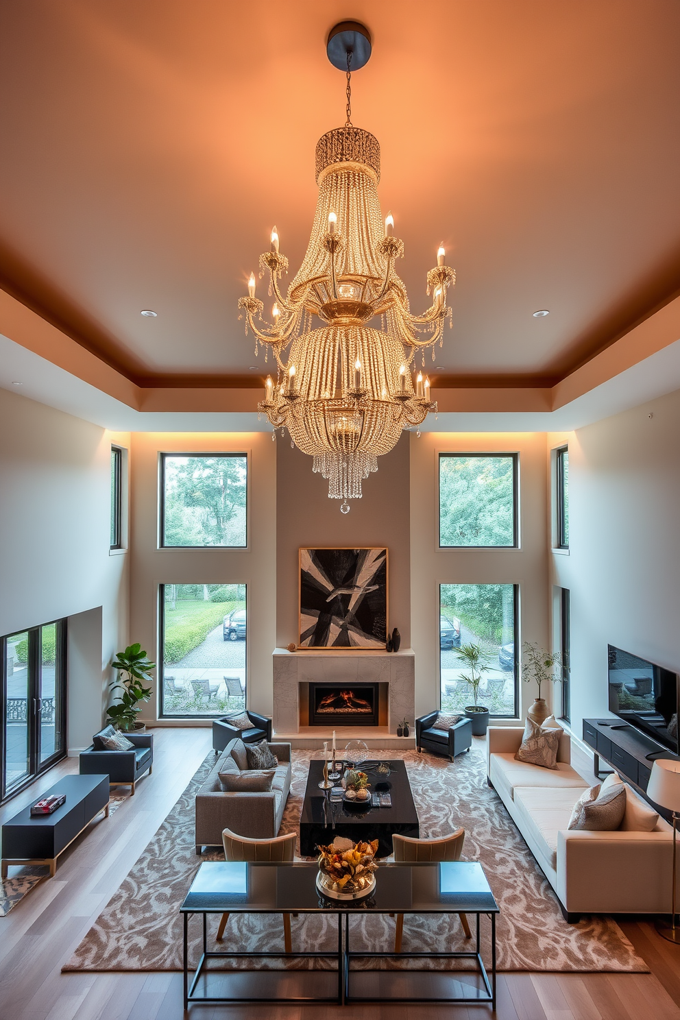 A stunning statement chandelier hangs from the ceiling, casting a warm glow across the room. The chandelier's intricate design adds a touch of elegance and drama to the overall aesthetic. The living room features a spacious layout with a modern rectangular design, allowing for comfortable seating arrangements. Large windows invite natural light, enhancing the inviting atmosphere of the space.