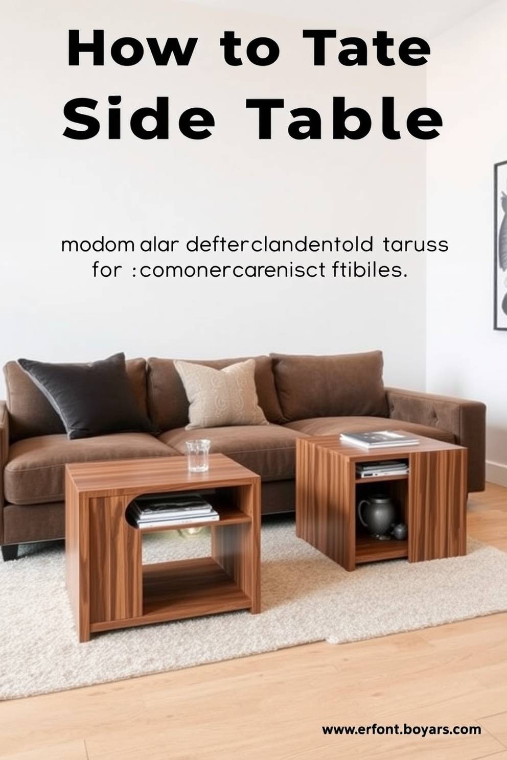 Functional side tables for convenience. The design features sleek wooden tables with integrated storage, positioned on either side of a plush sofa in a modern rectangle living room.