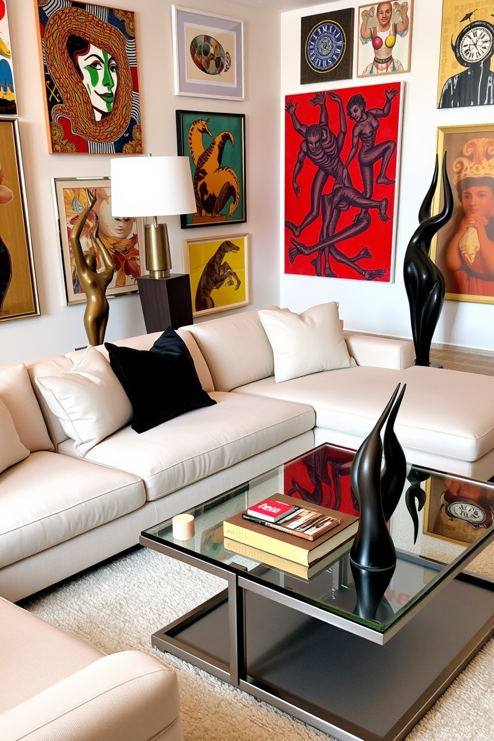 Artistic sculptures as conversation starters. The living room features a modern sectional sofa in a neutral tone, complemented by a sleek coffee table made of glass and metal. Bold abstract sculptures are strategically placed in the corners, drawing attention and sparking discussion among guests. The walls are adorned with a mix of vibrant artwork, creating an inviting and dynamic atmosphere.