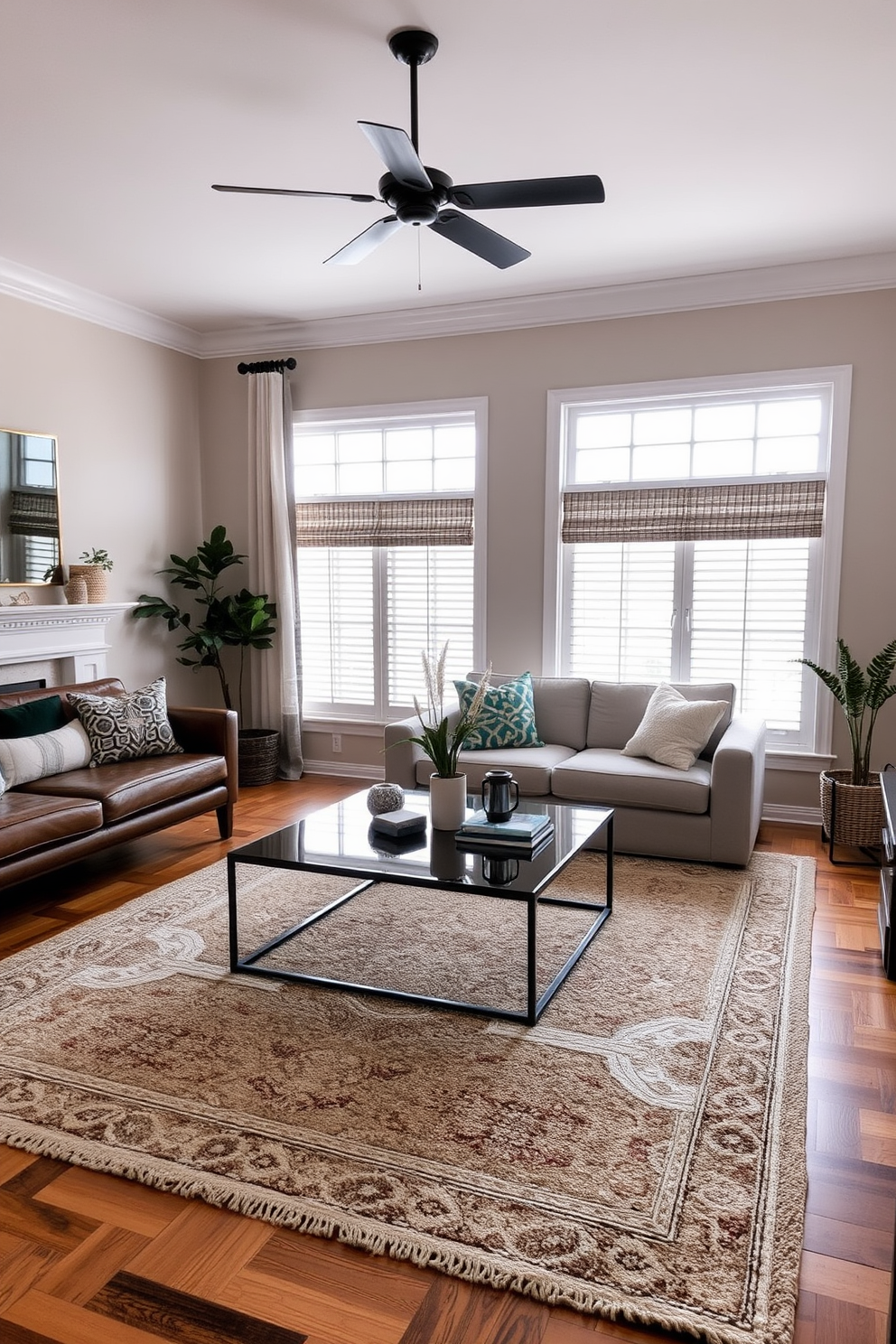 A cozy living room featuring layered rugs that add texture and warmth to the space. The design includes a large rectangular area rug topped with a smaller, contrasting rug, creating visual interest and comfort underfoot.